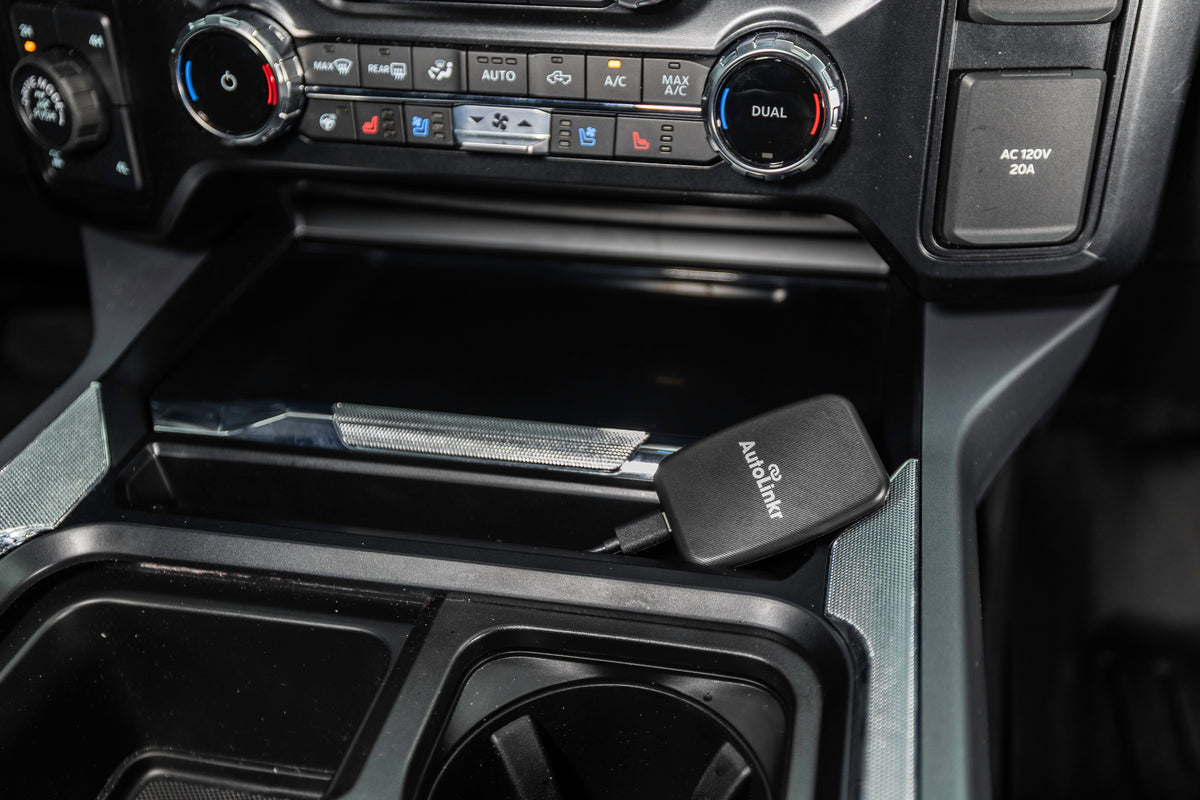 Netflix playing on a Ford F-250 dashboard screen through an AutoLinkr Pro wireless CarPlay adapter