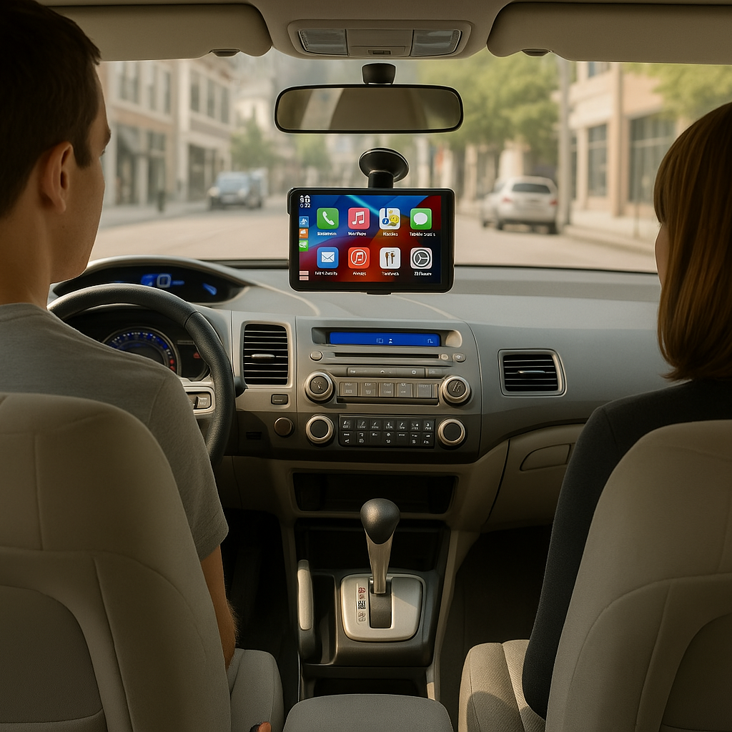 AutoLinkr Tablet portable CarPlay screen mounted on a car dashboard