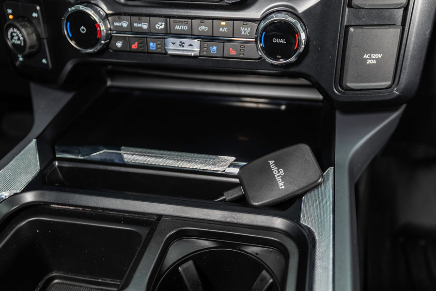 Netflix playing on a Ford F-250 dashboard screen through an AutoLinkr Pro wireless CarPlay adapter